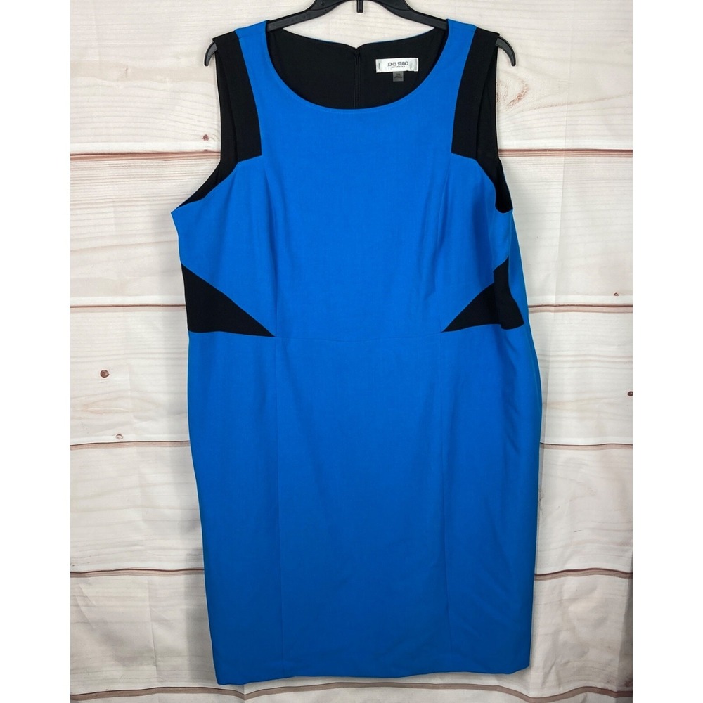 Jones New York Dress Womens 24W Blue Black Sheath Midi Sleeveless‎ Stretch Lined